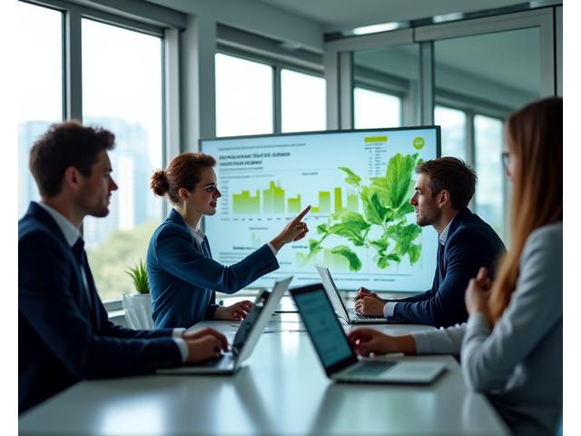 Team of diverse individuals collaborating on smart energy solutions in a modern office, charts and graphs visible, symbolizing a greener future.